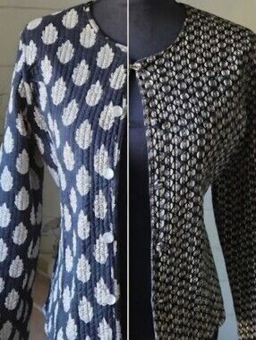 Vintage Kantha Jacket Black Tan Block Print Reversible Quilted Frog Closure Luxe